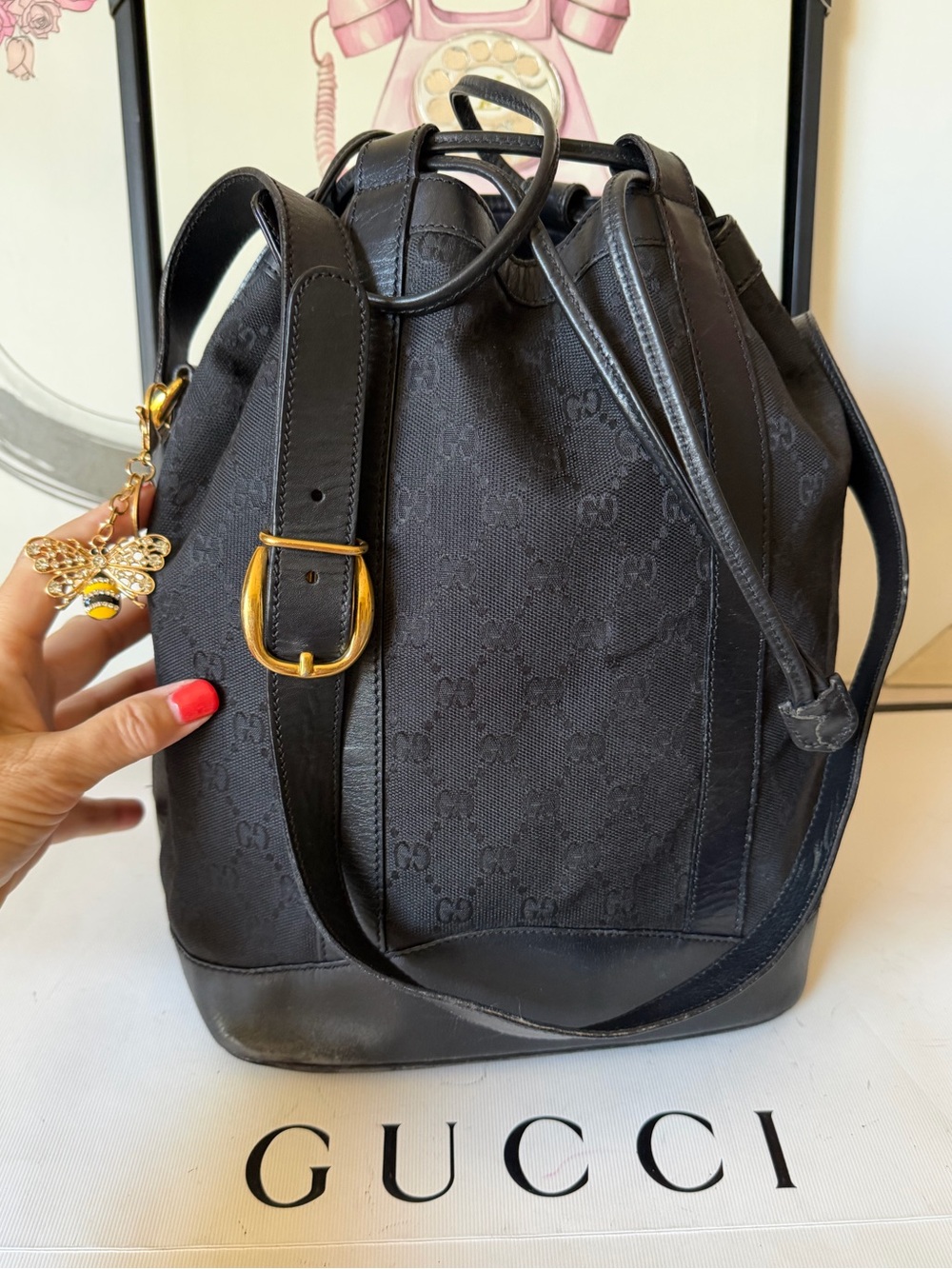 GUCCI Vintage GG Monogram Black Canvas & Leather Bucket Bag